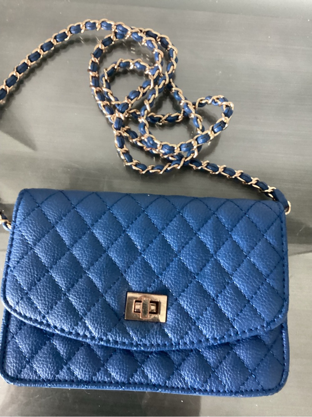 Quilted Blue Crossbody Shoulder Bag - Women's Chain Strap Purse